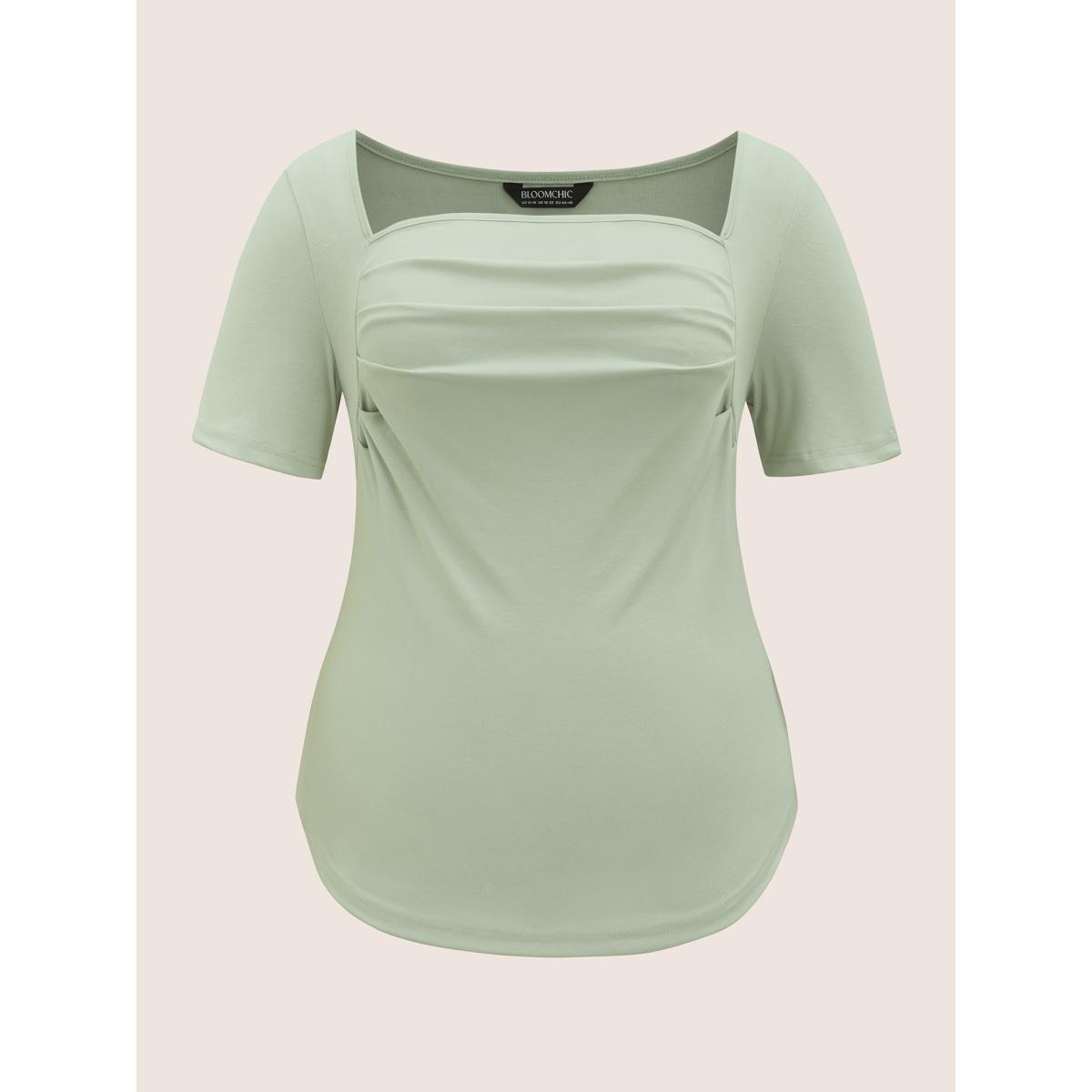 Plus Size Square Neck Curved Hem Pleated T-shirt Palemauve Women Elegant Pleated Square Neck Bodycon Everyday T-shirts BloomChic 28/5X Product Image