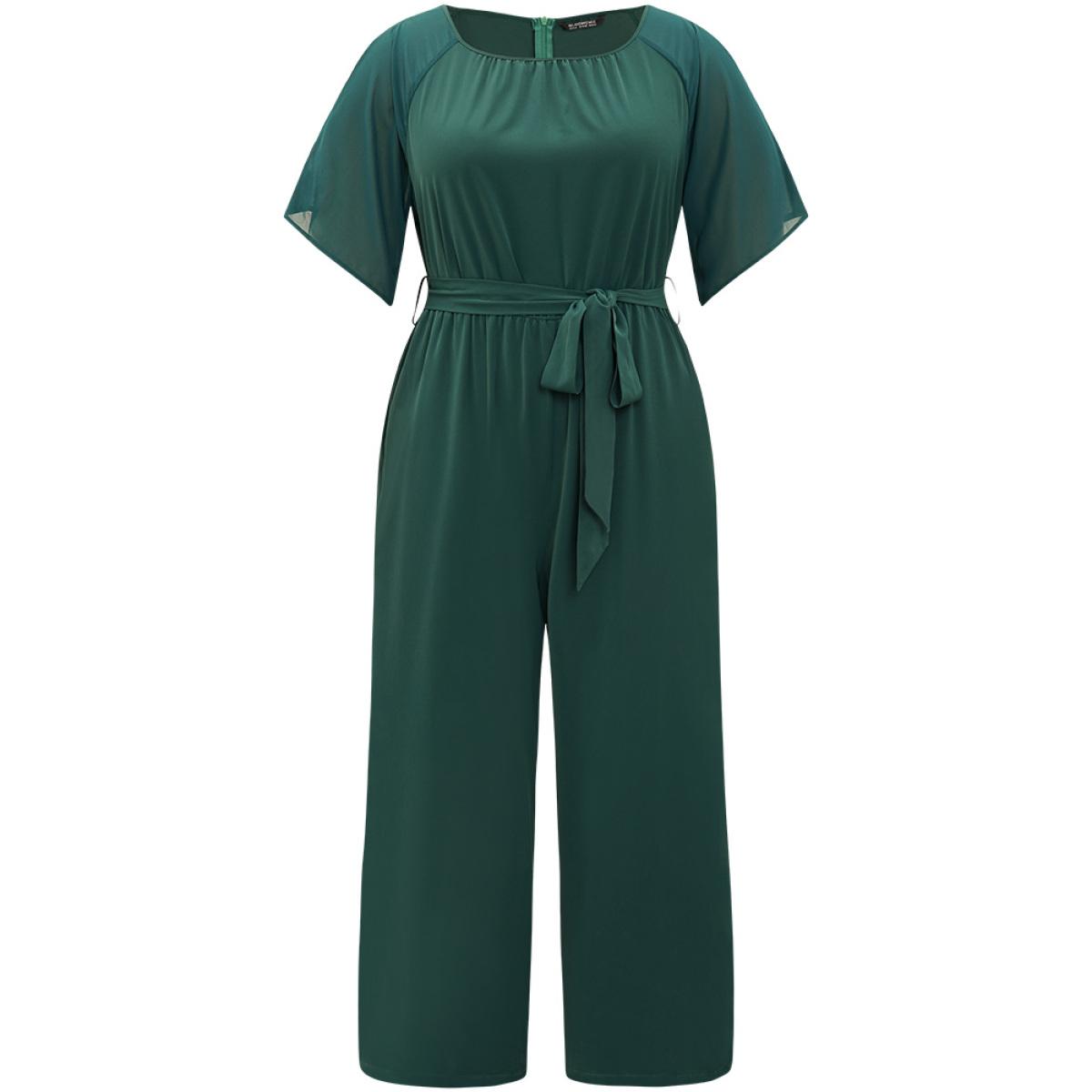 Plus Size DarkGreen Solid Belted Pocket Cut Out Zipper Jumpsuit Women Office Short sleeve Round Neck Office Loose Jumpsuits BloomChic 22-24/3X Product Image