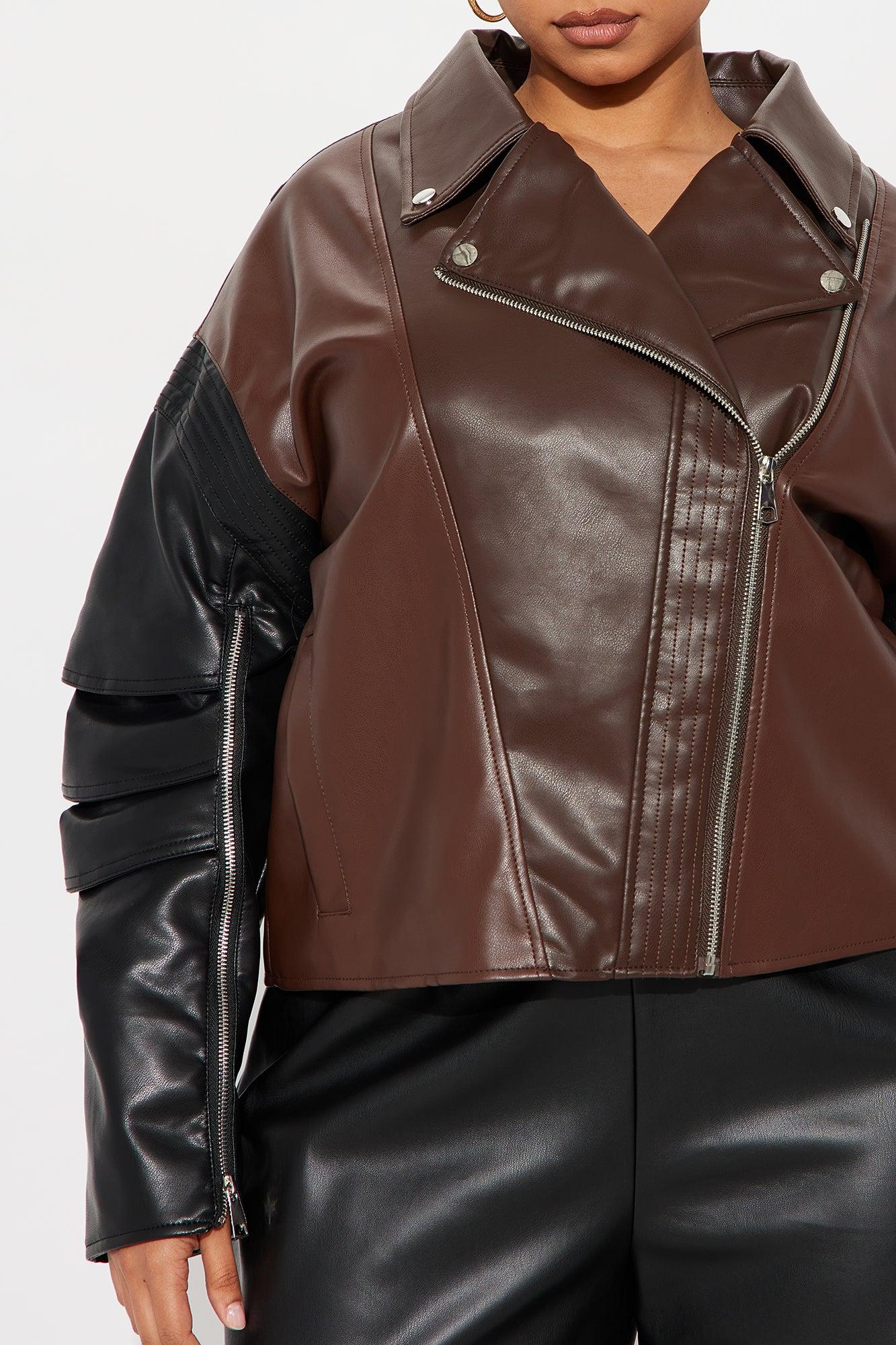Bet On Me Oversized Faux Leather Moto Jacket - Brown/combo Female Product Image