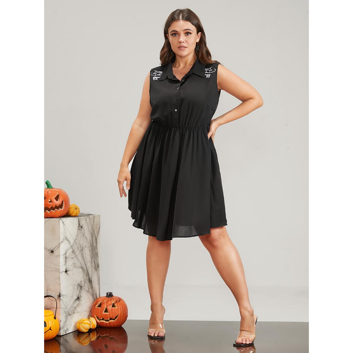 Plus Size Halloween Button Sleeveless Shirt Collar Knee Dress Black Women Elegant Embroidered Shirt collar Sleeveless Curvy Knee Dress BloomChic 10/M Product Image