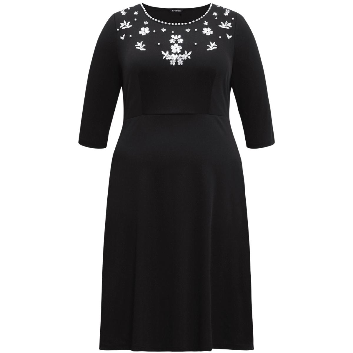 Plus Size Round Neck Sequin Pearl Beaded Dress Black Women Glamour Beaded Round Neck Elbow-length sleeve Curvy Midi Dress BloomChic 14-16/1X Product Image