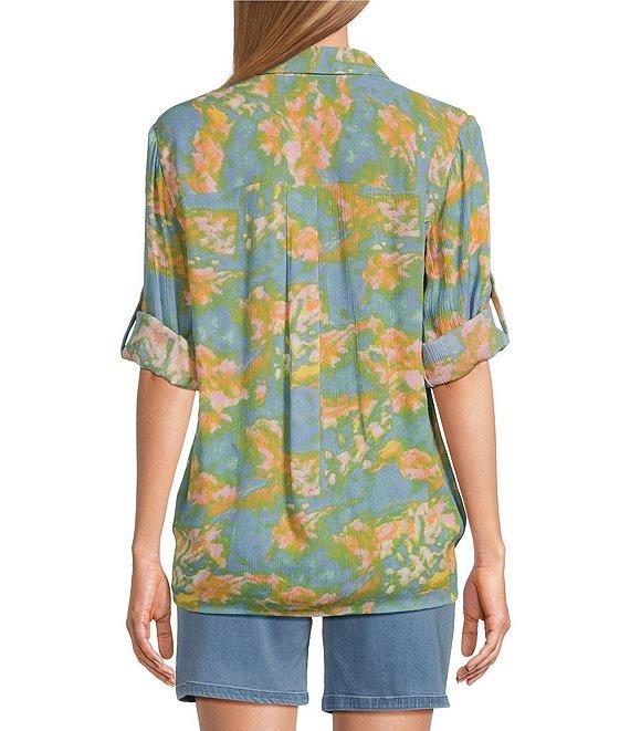 Intro Crinkle Gauze Printed Point Collar 3/4 Roll-Tab Sleeve Tie Front Hem Button Front Shirt Product Image