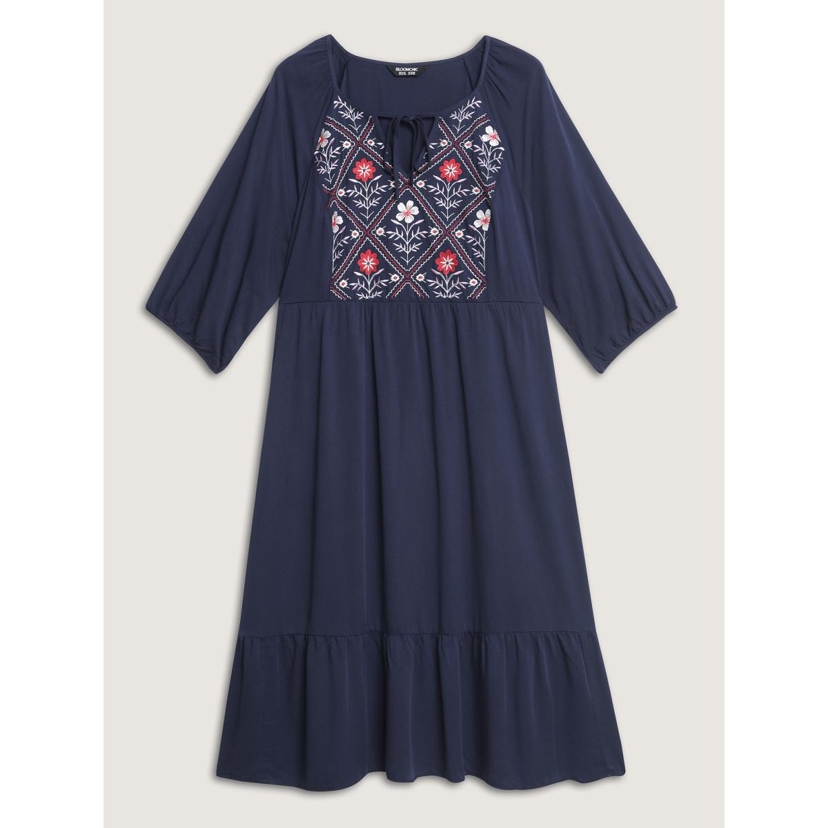 Plus Size Floral Embroidery Pockets Midi Dress DarkBlue Women Boho Notched collar Elbow-length sleeve Curvy BloomChic 14-16/1X Product Image