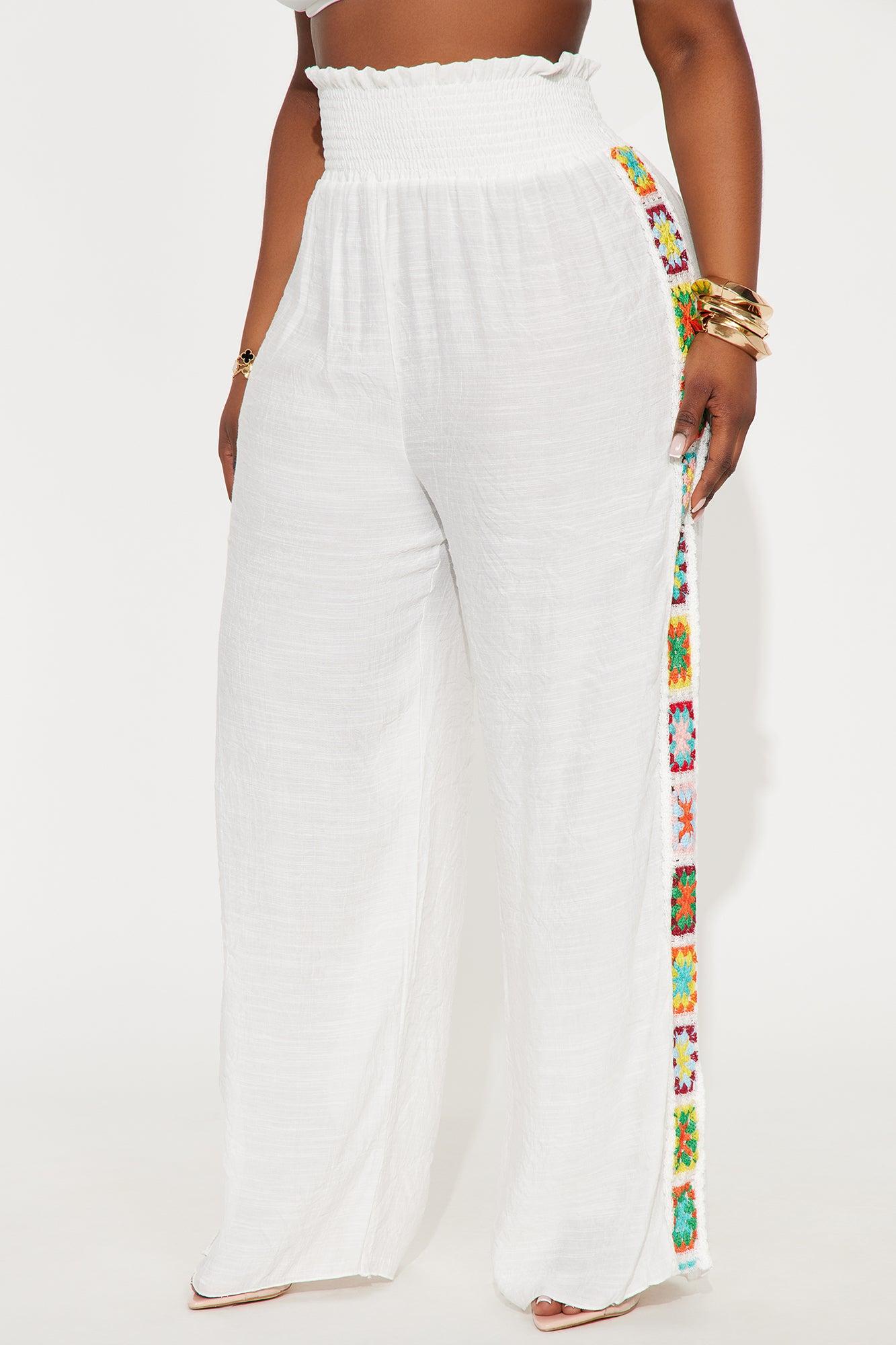 European Summers Linen Smocked Waistband Crochet Granny Square Cover Up Pants - White Product Image