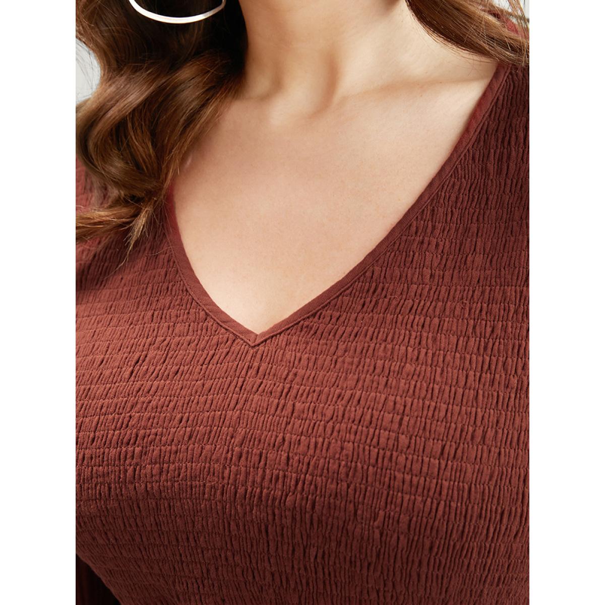 Plus Size Scarlet Solid V Neck Lantern Sleeve Shirred Ruffle Hem Blouse Women Elegant Long Sleeve V-neck Dailywear Blouses BloomChic 12/L Product Image