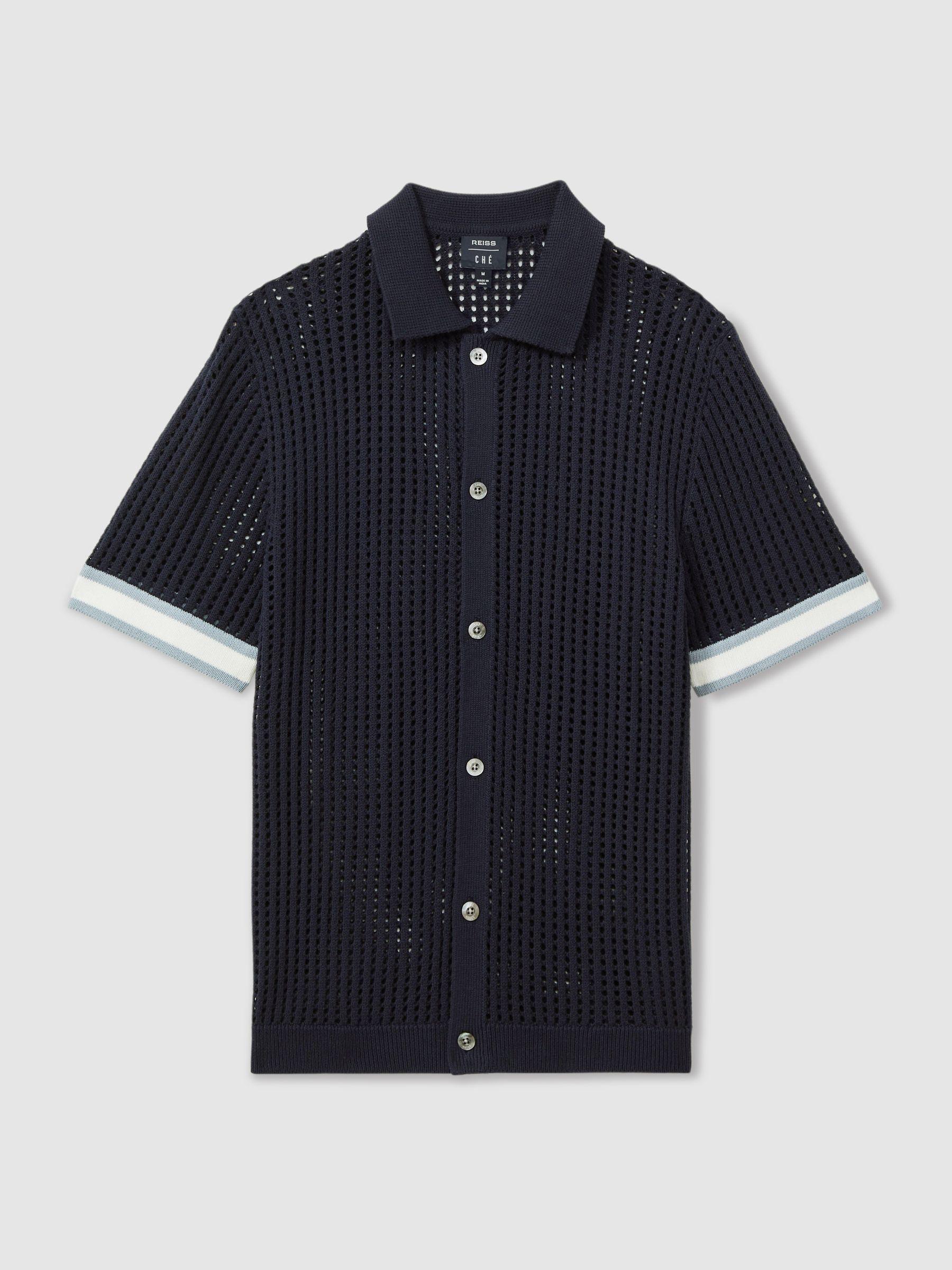 Reiss | Ché Open-Stitch Cuban Collar Shirt in Navy Product Image