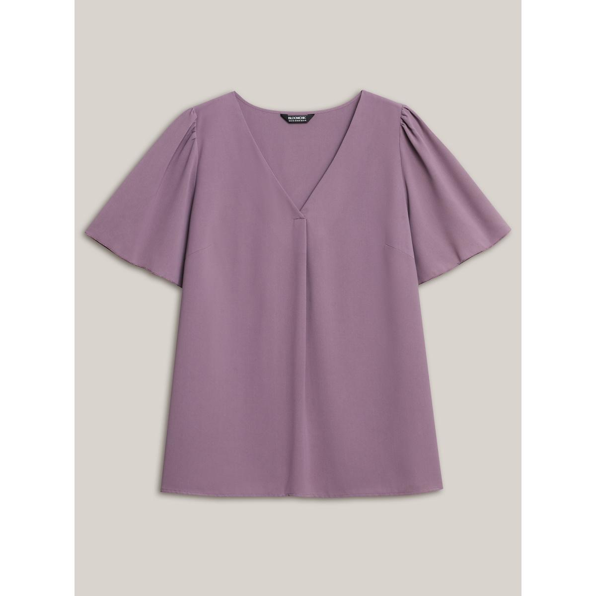 Plus Size Mauve Pleated-Front Flutter Sleeve Shirt Women At the Office Short sleeve V-neck Work Blouses BloomChic 30/6X Product Image