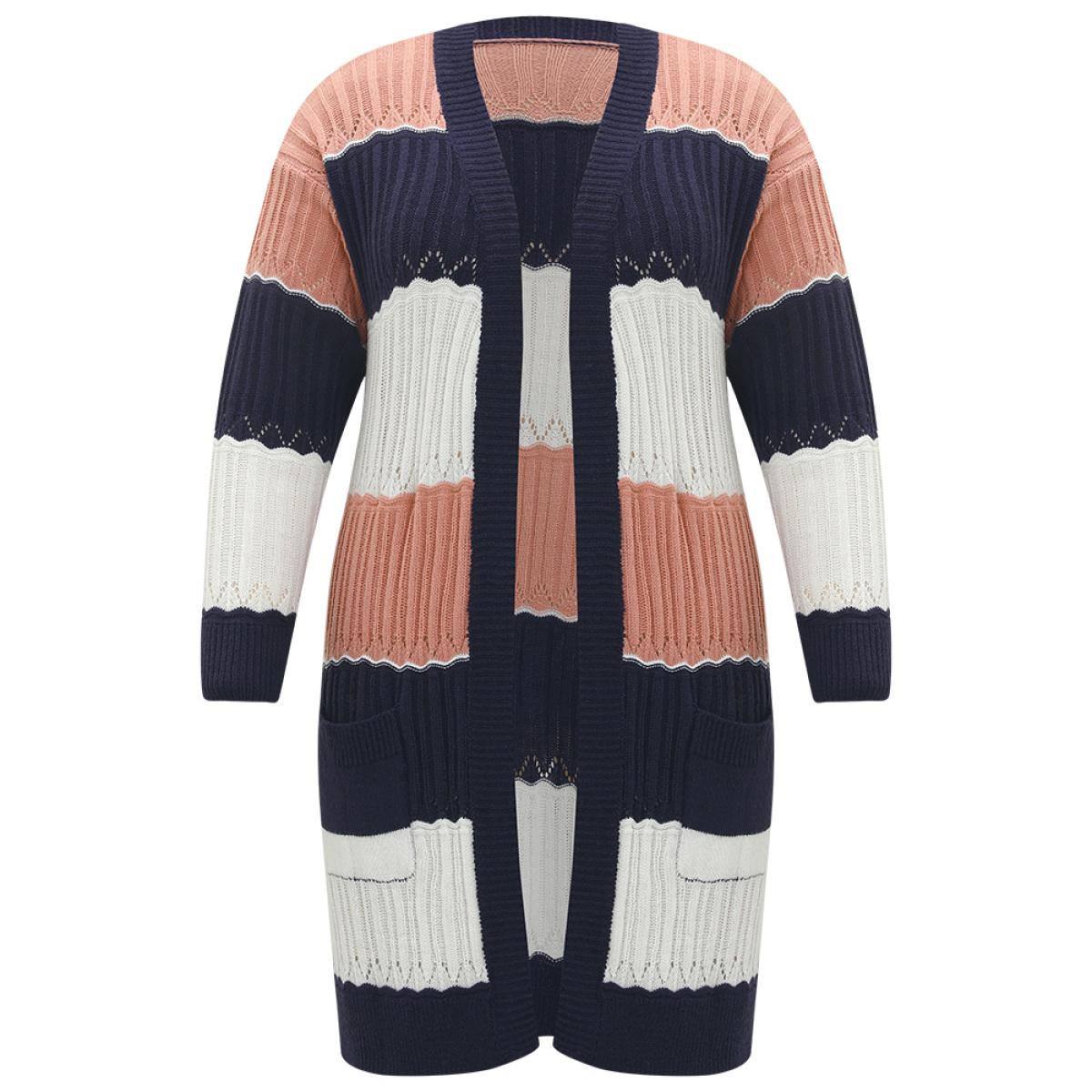 Plus Size Colorblock Contrast Eyelet Open Front Cardigan Multicolor Women Casual Loose Long Sleeve Dailywear Cardigans BloomChic 30/6X Product Image