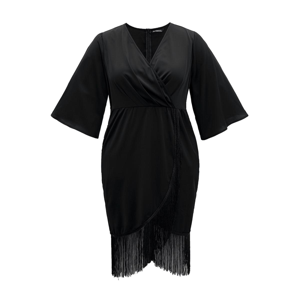 Plus Size Plain Wrap Tassel Trim Pleated Dress Black Women Cocktail Tassels V-neck Elbow-length sleeve Curvy Midi Dress BloomChic 12/L Product Image