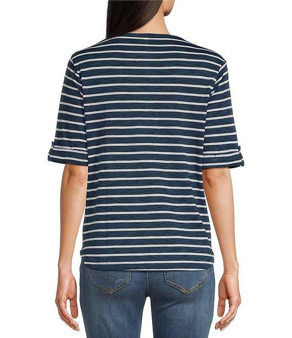 Leo & Nicole Knit Stripe V-Neck Elbow Sleeve Top Product Image