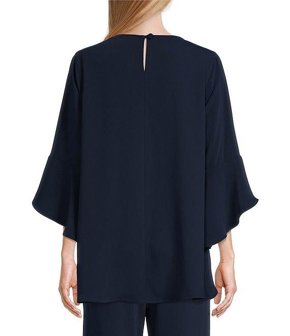 Caroline Rose Julia Matte Crepe Crew Neck 3/4 Ruffled Sleeve High-Low Hem Top Product Image