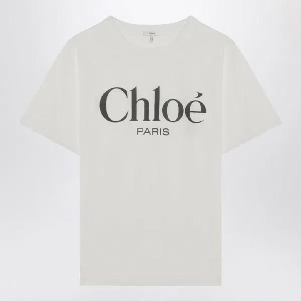 CHLOÉ White Crewneck T-shirt With Logo Print On The Front In Cotton Woman Product Image