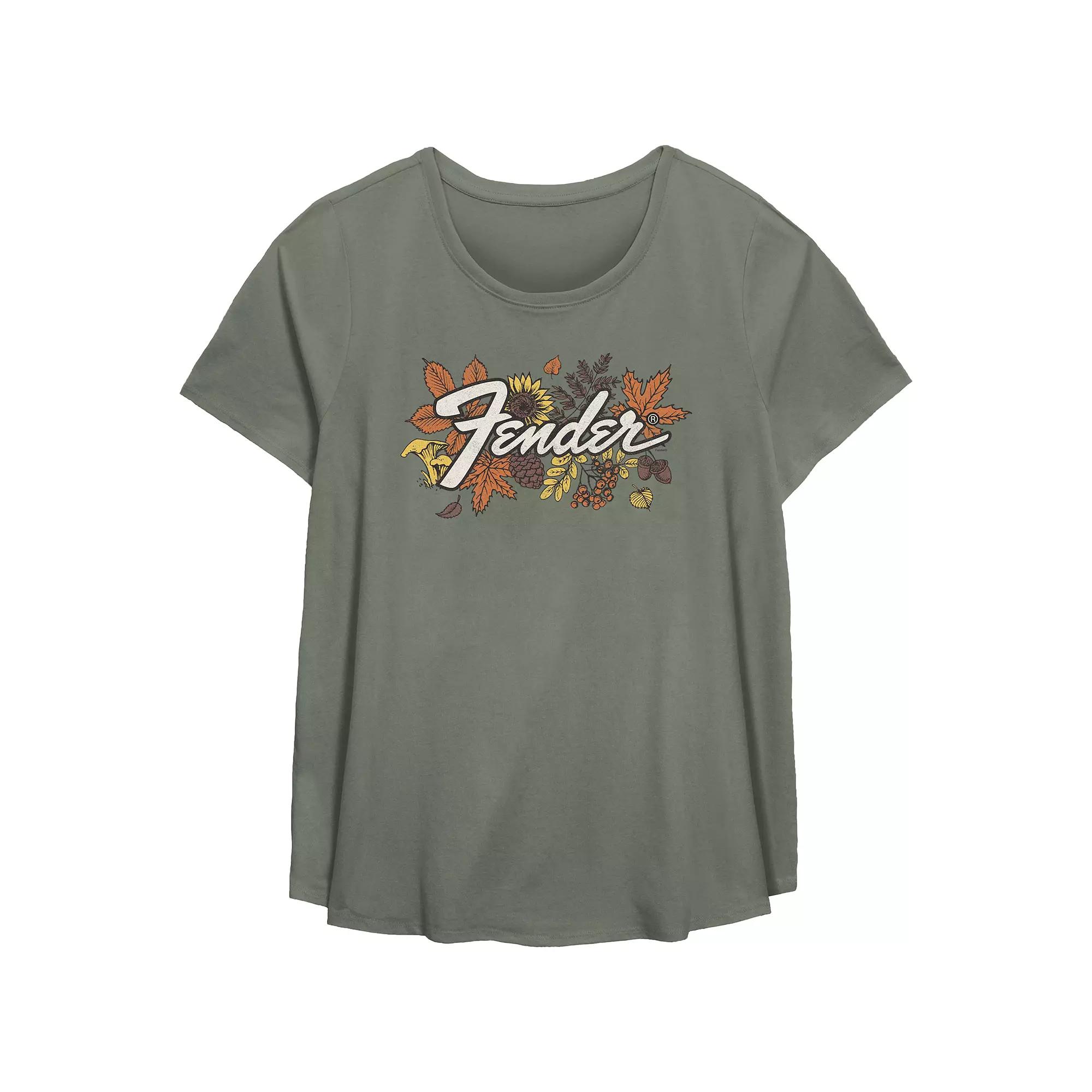 Juniors' Plus Size Fender Autumn Leaves Logo Scoop Hem Flowy Graphic Tee, Women's, Size: 5XL, Green Product Image