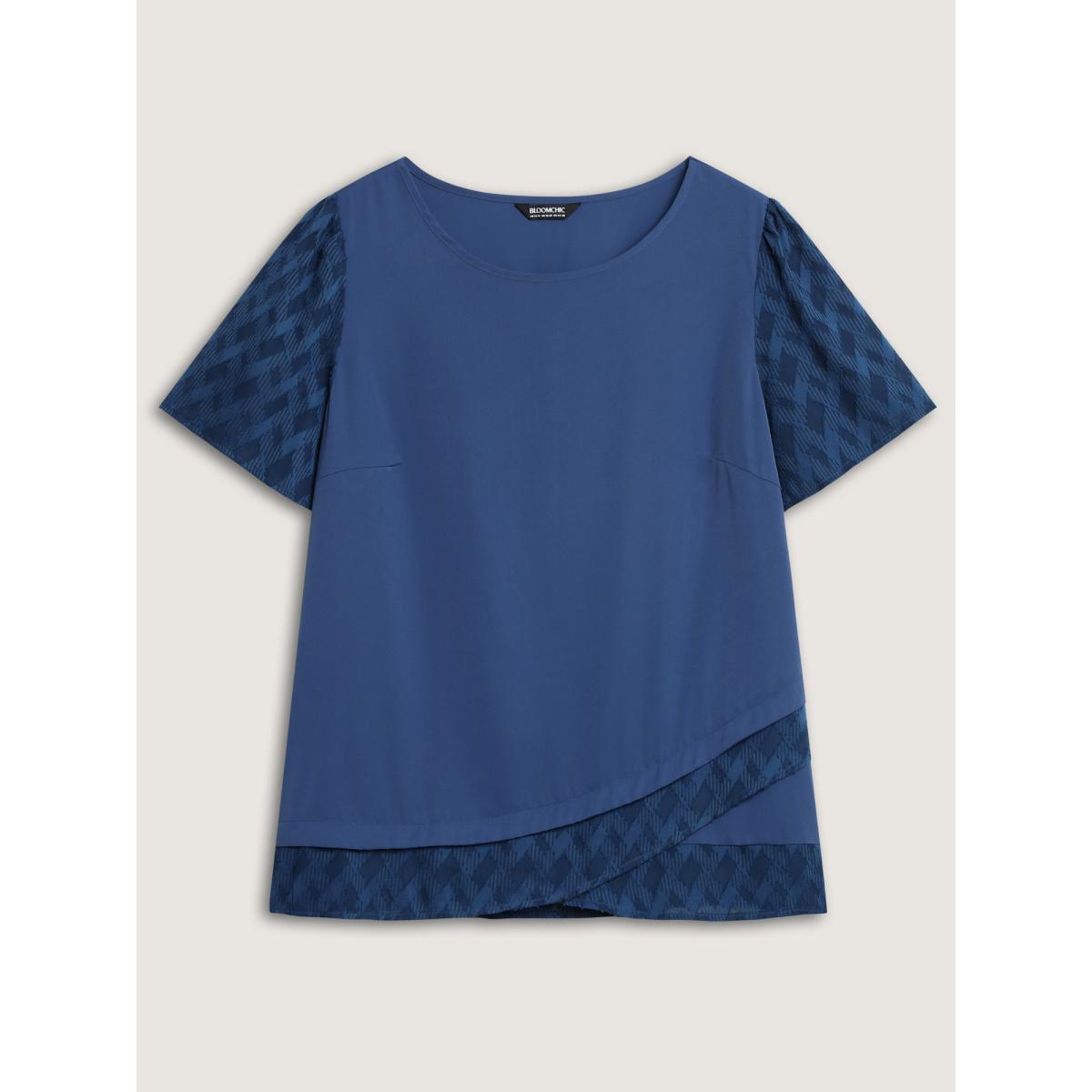 Plus Size Navy Textured Overlap Hem Sheer Blouse Women Short sleeve Round Neck Work Blouses BloomChic 26/4X Product Image