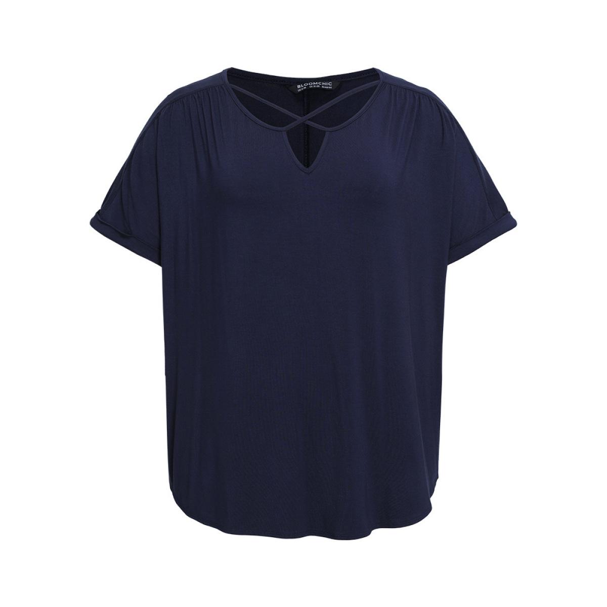 Plus Size Solid Notched Crisscross Roll Batwing Sleeve T-shirt Midnight Women Elegant Arc Hem Plain Notched collar Dailywear T-shirts BloomChic 14-16/1X Product Image