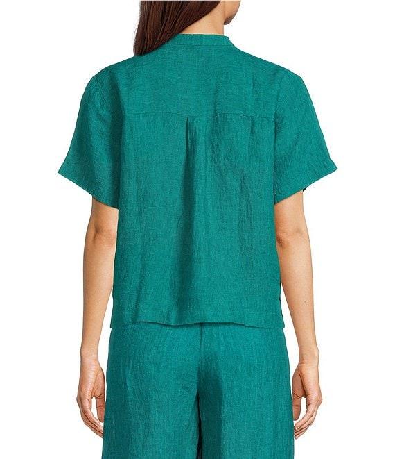 Eileen Fisher Washed Organic Linen Mandarin Collar Short Sleeve Button Front Top Product Image