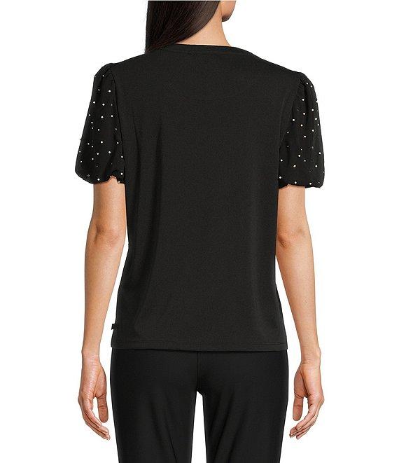 KARL LAGERFELD PARIS Mixed Media Crew Neck Short Puff Sleeve Embellished Top Product Image