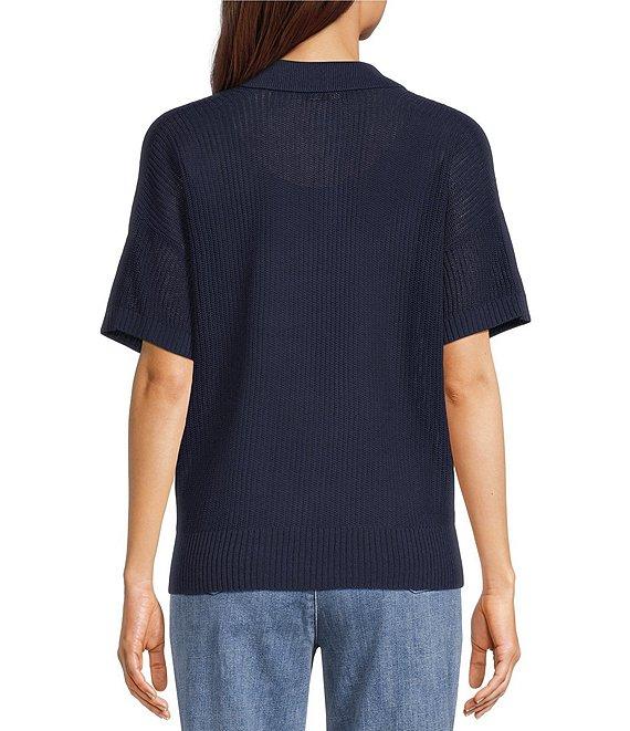 Eileen Fisher Organic Cotton Blend Open Weave Collar V-Neck Short Sleeve Top Product Image