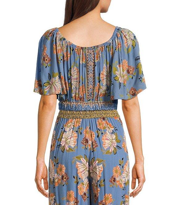 Angie Scoop Floral Print Neck Flutter Sleeve Coordinating Crop Top Product Image