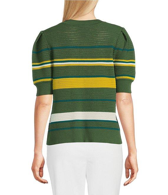 Investments Petite Size Olive Stripe Novelty Short Sleeve Crew Neck Sweater Top Product Image