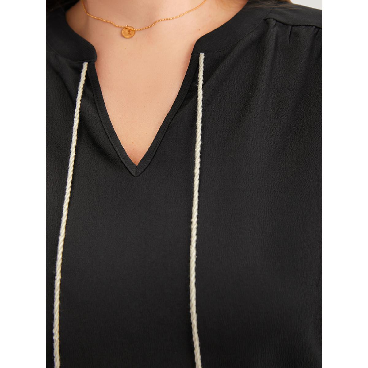 Plus Size Black Patchwork Tassel Trim Knot Lantern Sleeve Blouse Women Vacation Long Sleeve V-neck Dailywear Blouses BloomChic 14-16/1X Product Image