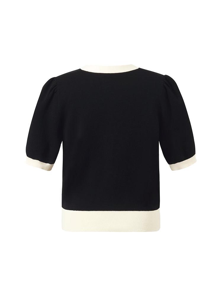 Tencel Contrast Trim V-Neck Women Knit Top With Detachable 3D Flower Product Image