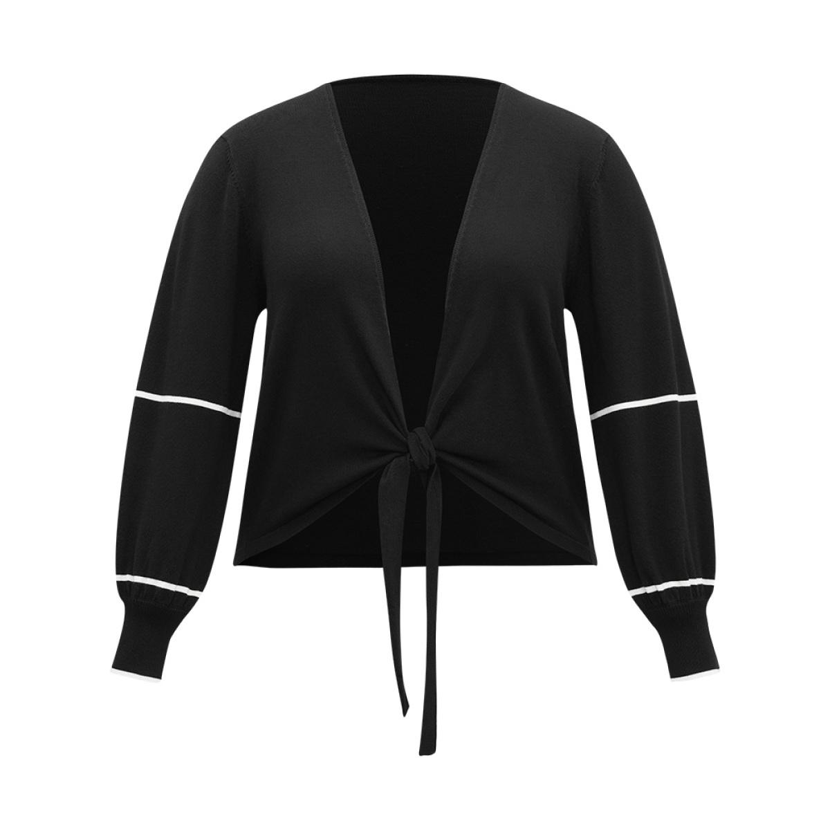 Plus Size Supersoft Essentials Striped Contrast Ties Lantern Sleeve Cardigan Black Women Casual Loose Long Sleeve Dailywear Cardigans BloomChic 14-16/1X Product Image