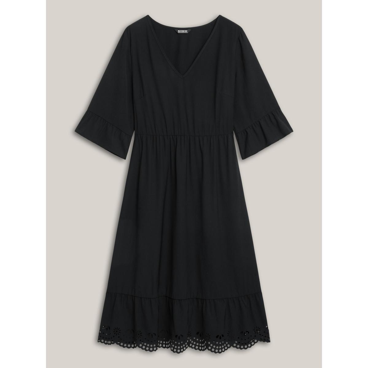 Plus Size Cut-Out Waist-Defining Ruffled Midi Dress Black Women Elegant Cut-Out V-neck Elbow-length sleeve Curvy BloomChic 18-20/2X Product Image
