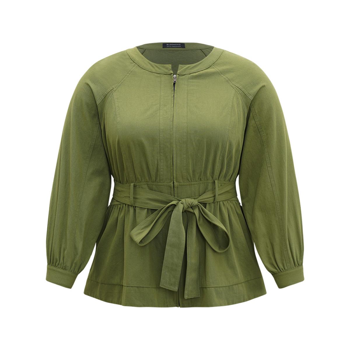 Plus Size Solid Gathered Detail Belted Zipper Fly Coat Women Moss Casual Gathered Ladies Dailywear Winter Coats BloomChic 26/4X Product Image