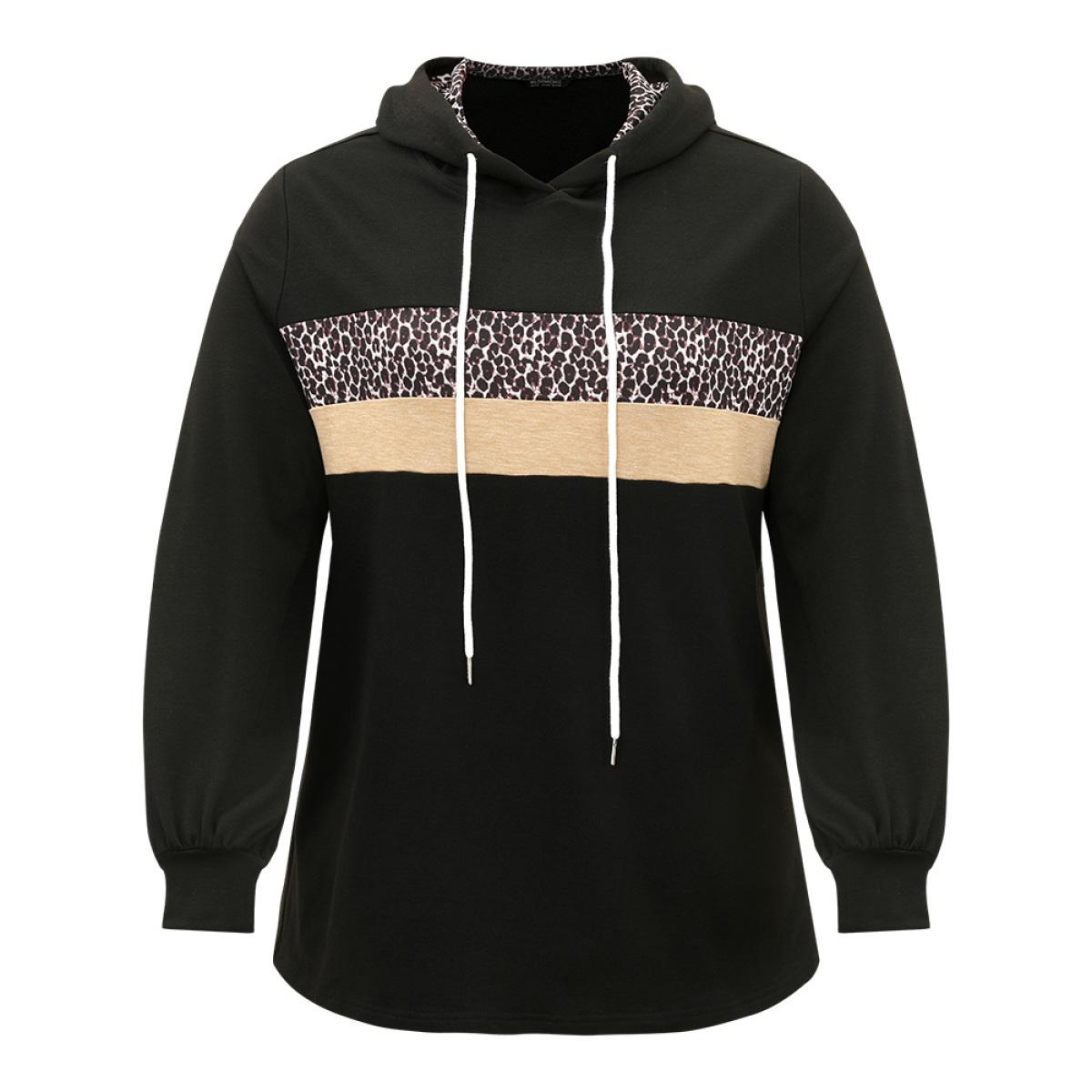 Plus Size Leopard Patchwork Contrast Hooded Drawstring Sweatshirt Women Black Casual Elastic cuffs Hooded Dailywear Sweatshirts BloomChic 26/4X Product Image