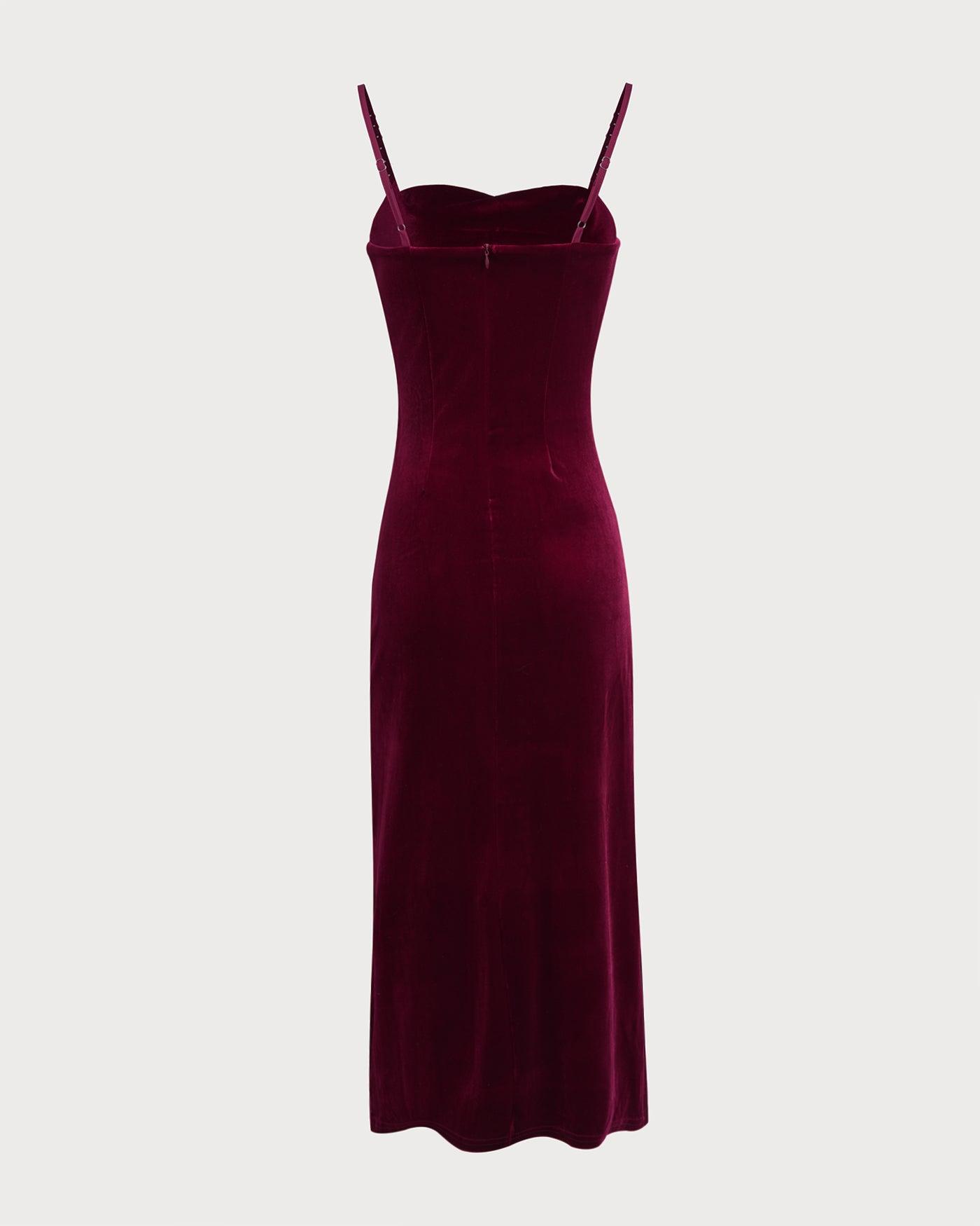 Wine Red Sleeveless Straps Velour Midi Dress Product Image