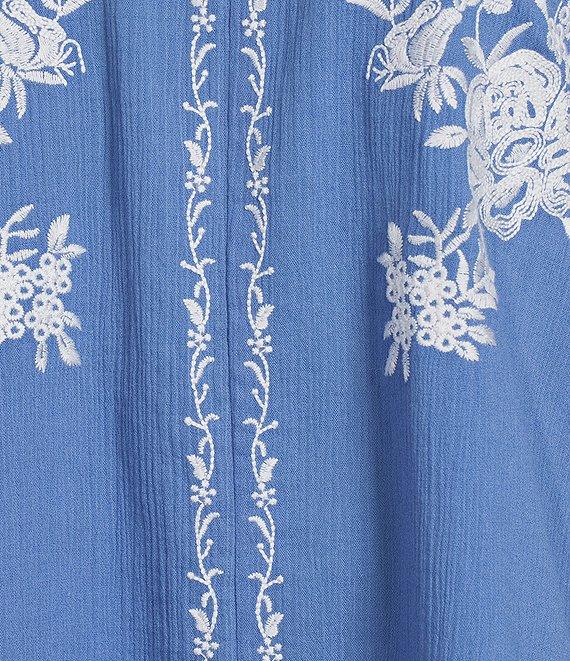Ali Miles Woven Floral Embroidered Y-Neck 3/4 Sleeves Lace Trim Tunic Product Image