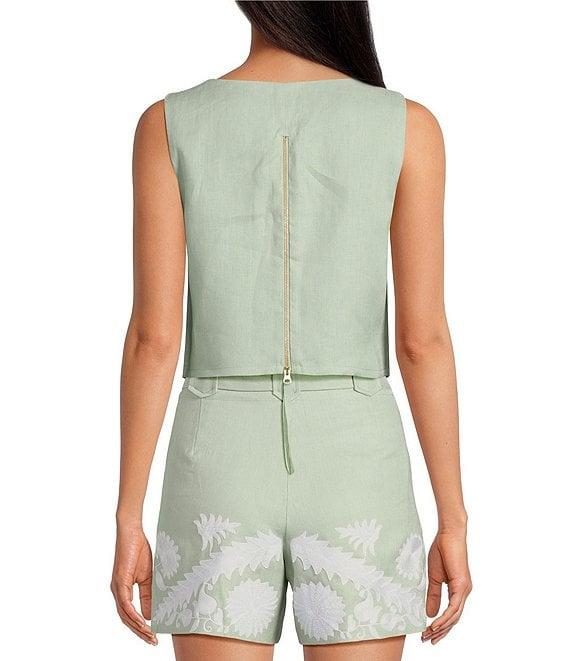 Le' AL.X Woven Linen Floral Embroidered Boat Neck Sleeveless Crop Mod Coordinating Top Product Image