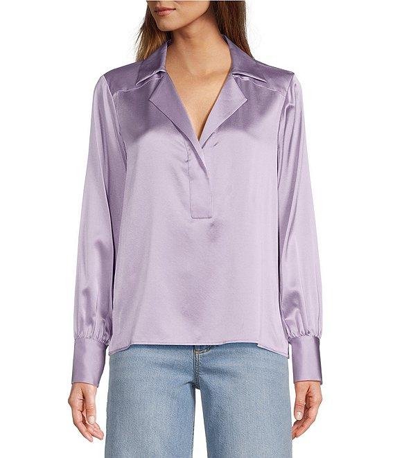 Antonio Melani Violet Silk Notch Collar V-Neck Long Blouson Sleeve Blouse Product Image
