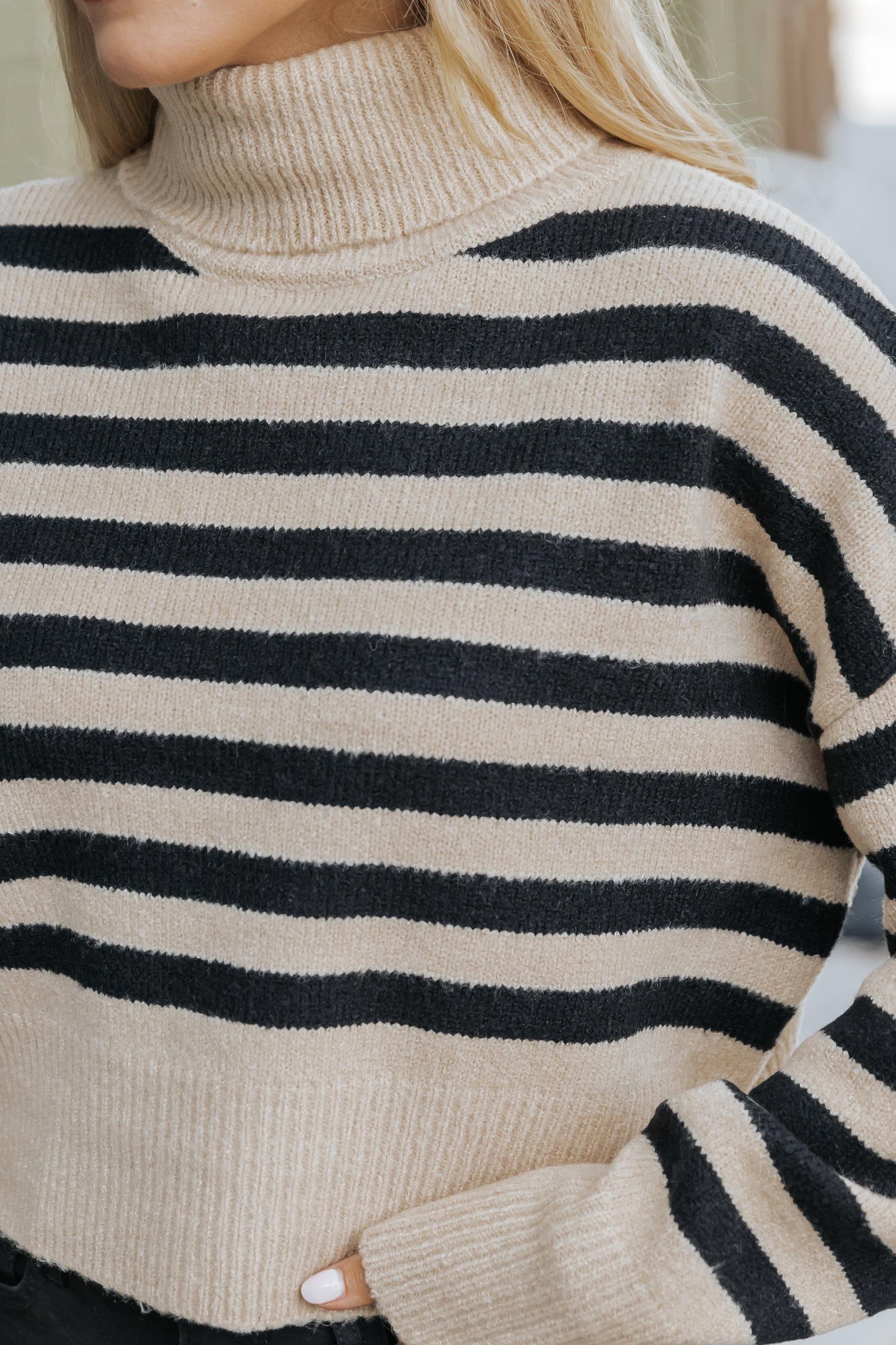Beige and Black Striped Turtleneck Sweater-FINAL SALE Female Product Image