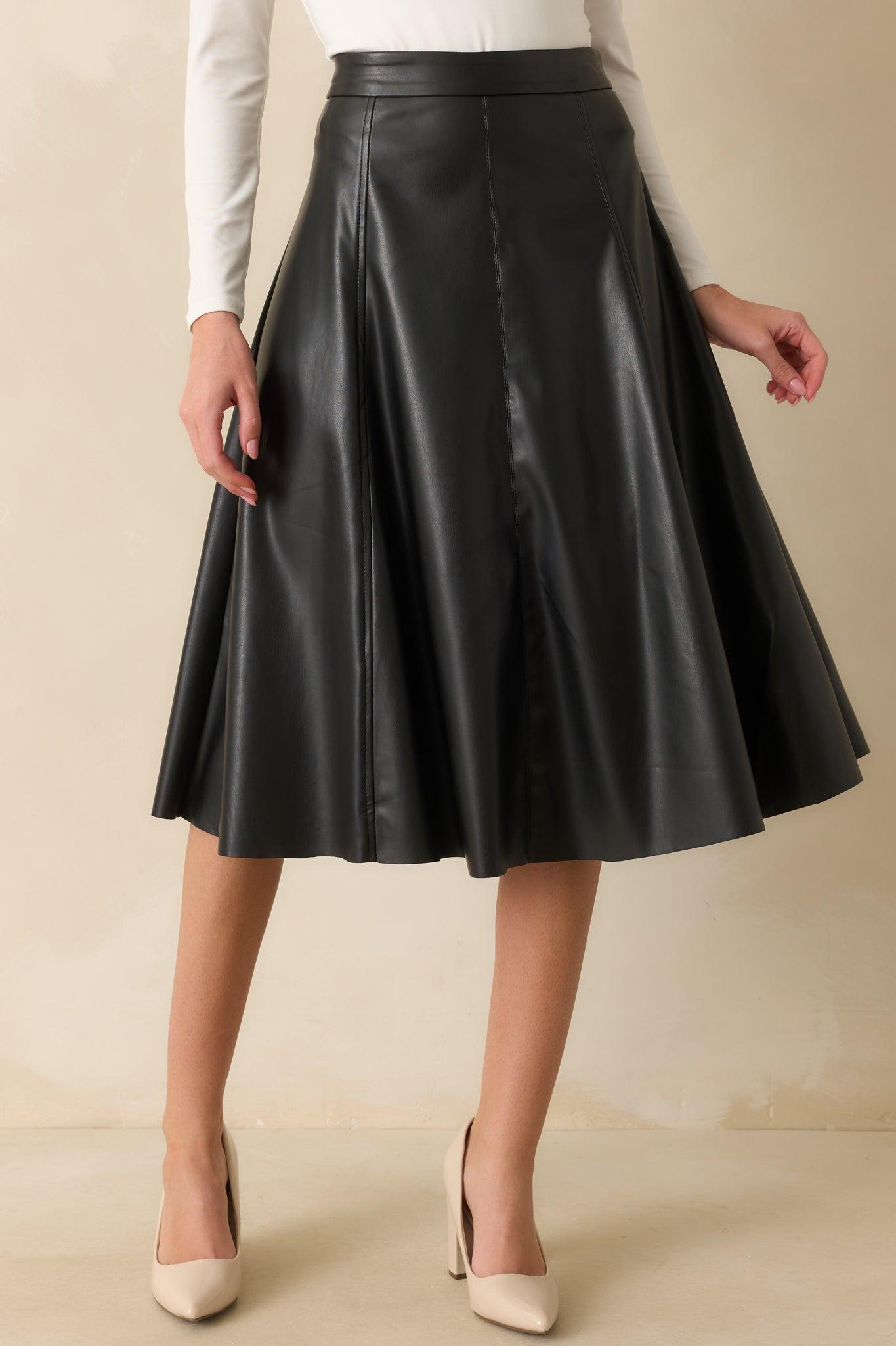 In My Memories Black Faux Leather Midi Skirt Product Image