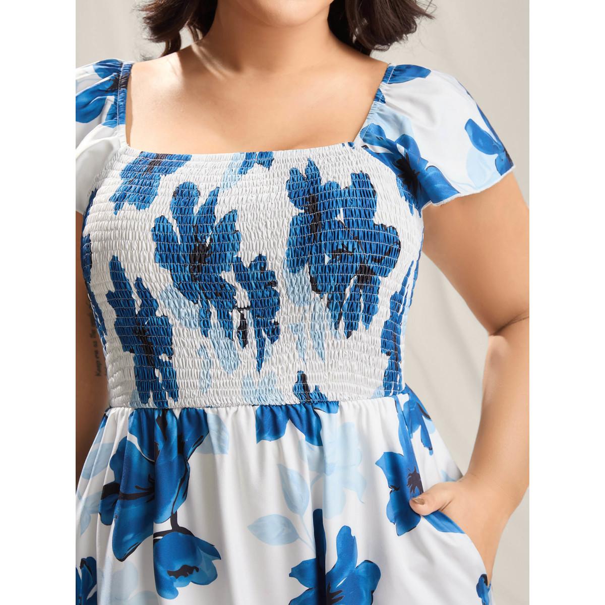Plus Size Floral Pattern Shirred Pockets Midi Dress Mediumblue Women Romantic Square Neck Cap Sleeve Curvy BloomChic 18-20/2X Product Image
