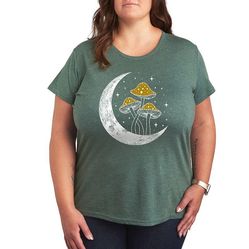 Plus Crescent Moon With Mushrooms Graphic Tee, Womens Grey Green Product Image