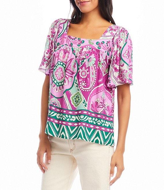 Karen Kane Petite Size Printed Square Neck Short Flare Sleeve Top Product Image