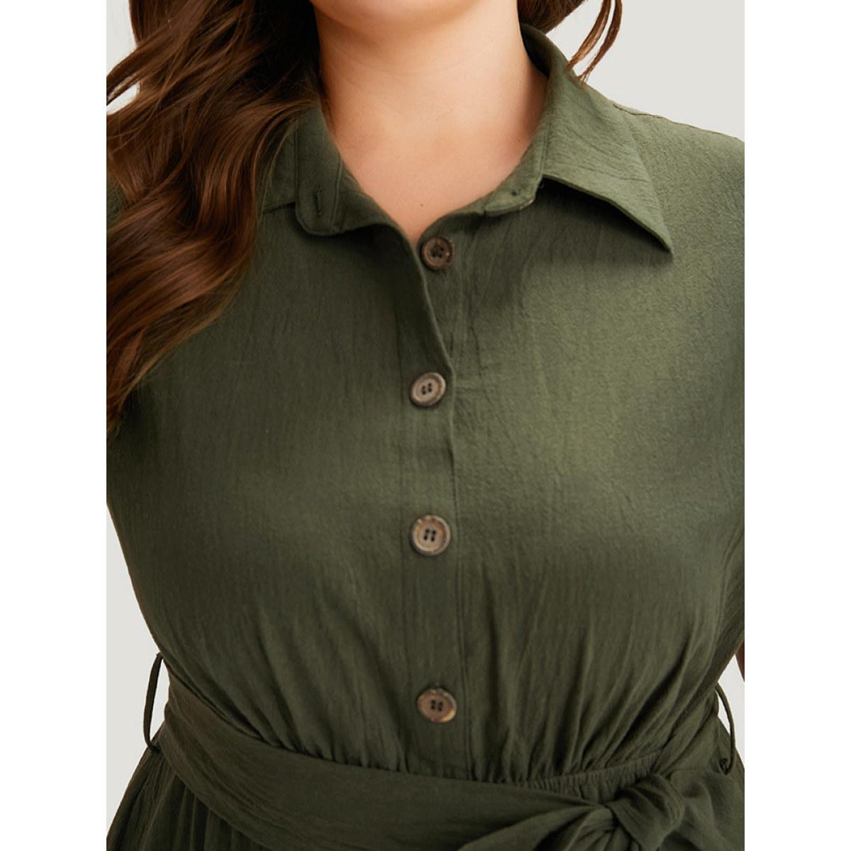 Plus Size Solid Shirt Collar Belted Button Up Tank Dress ArmyGreen Women Office Plain Shirt collar Sleeveless Curvy Knee Dress BloomChic 26/4X Product Image