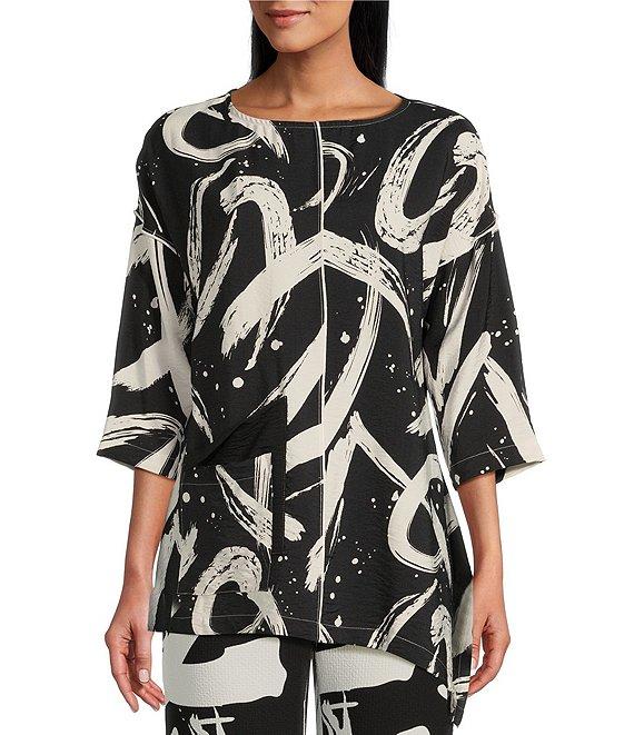 IC Collection Woven Abstract Print Boat Neck 3/4 Sleeve Asymmetrical Tunic Product Image