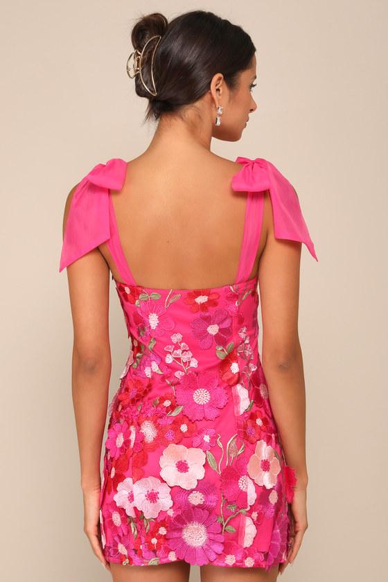 Emphatically Adorable Hot Pink Floral Tie-Strap Mini Dress Product Image