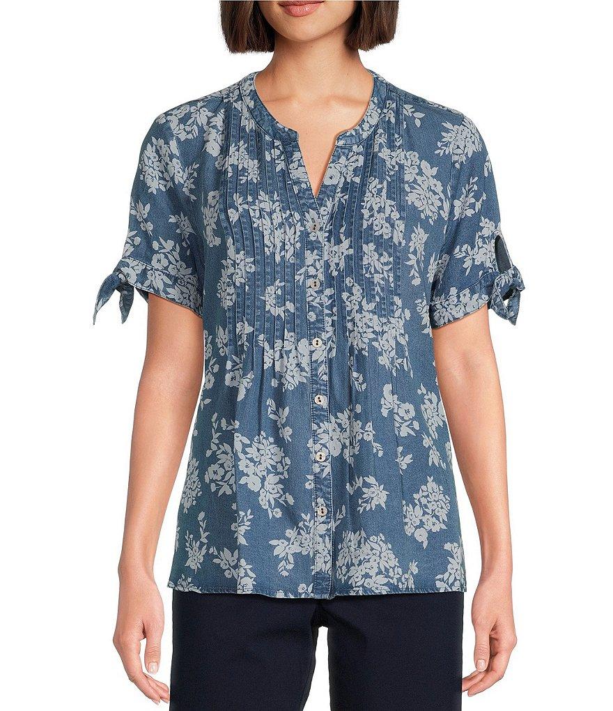 Allison Daley Petite Size Blooming Flowers Print Short Tie Sleeve Y-Neck Button Front Pintuck Blouse Product Image