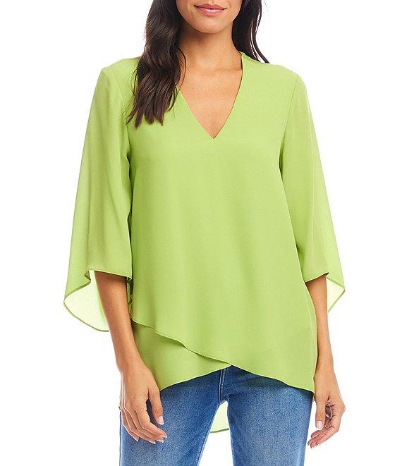 Karen Kane Silky Crepe V-Neck 3/4 Flare Sleeve Asymmetric Top Product Image