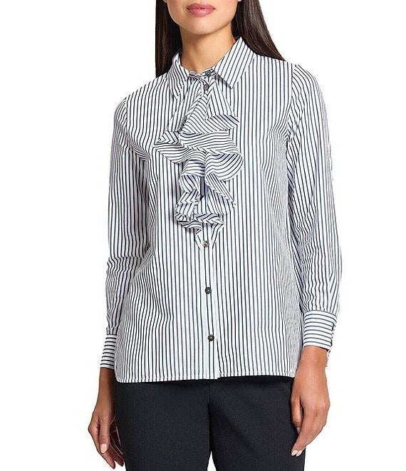 Ming Wang x Tanya Foster Cotton Pinstripe Point Collar Water Fall Long Sleeve Blouse Product Image