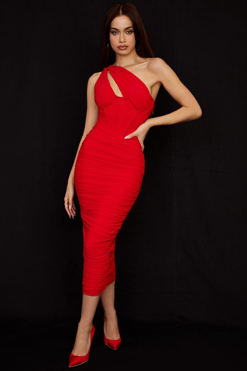 Valentina  scarlet asymmetric cutout midi dress Product Image