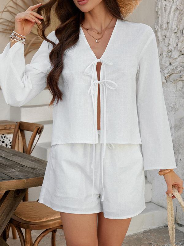 Flared Sleeves Long Sleeves Solid Color Tied V-Neck Blouses&Shirts Tops + Shorts Bottom Two Pieces Set Product Image