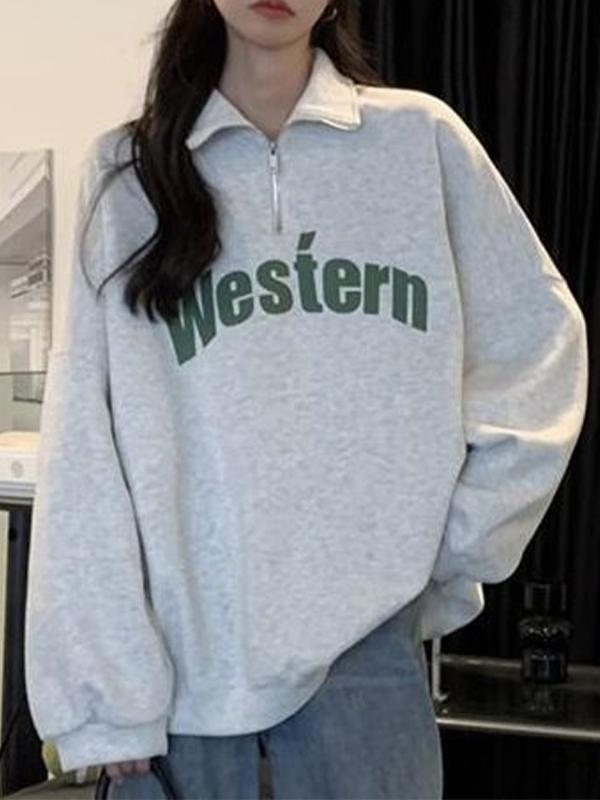 Vintage Letter Print Half Zip Sweatshirt Product Image