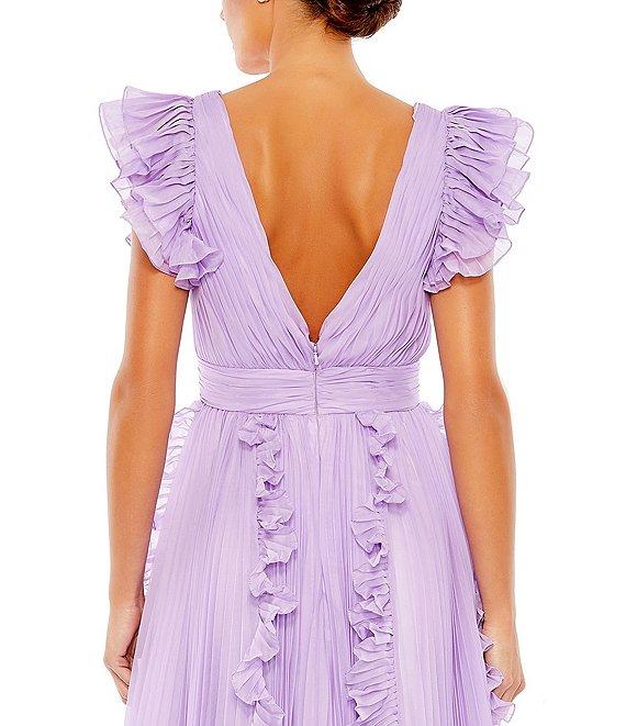 Mac Duggal Pleated Ruffle Cap Sleeve Deep V-Neck Flowy A-Line Gown Product Image