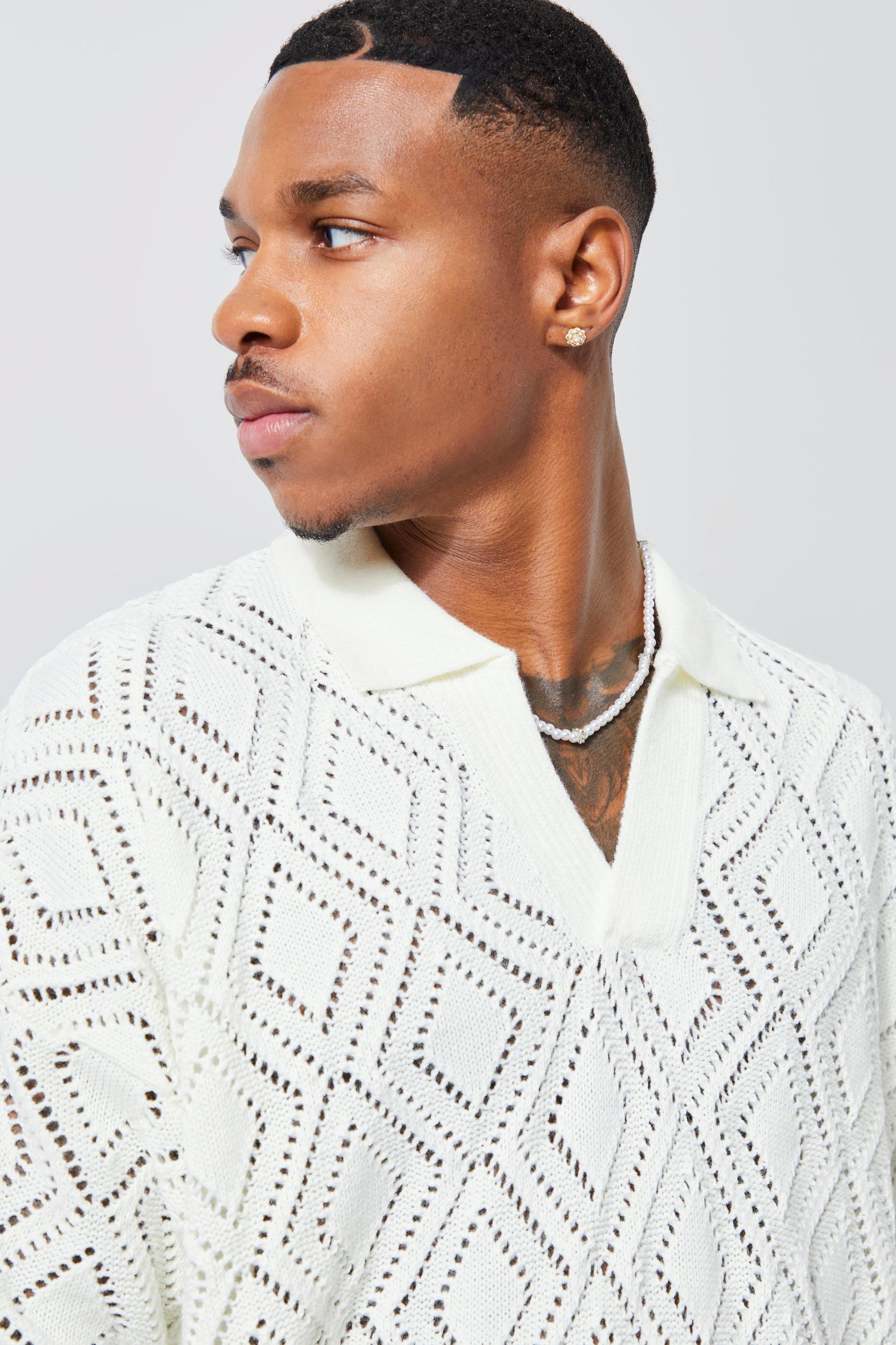 Short Sleeve Boxy Fit Revere Open Knit Polo | boohooMAN USA Product Image